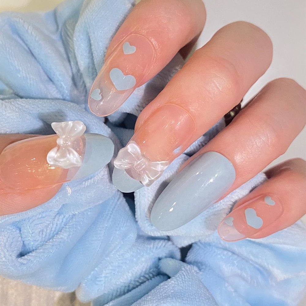 🎀💙NEW Luxury Heart Bow 3D Design Oval Long Light Blue Nails - 24 pcs 💙🎀